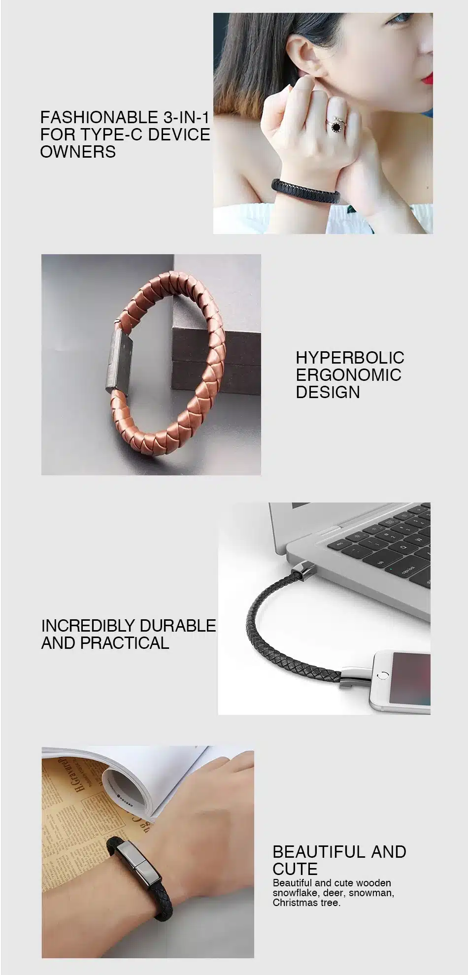 Vapeonly Wearable Braided USB Charging Bracelet Leather Phone Charging Cable Wire Phone Charger for iPhone Type C Android Phones 3
