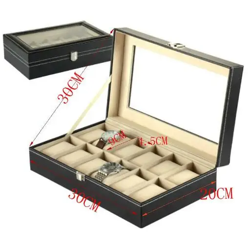12 Slots Black PU Leather Wrist Watch Box Watch Case Storage Holder Organizer Jewelry Watch Display Box 30x20x8cm 3