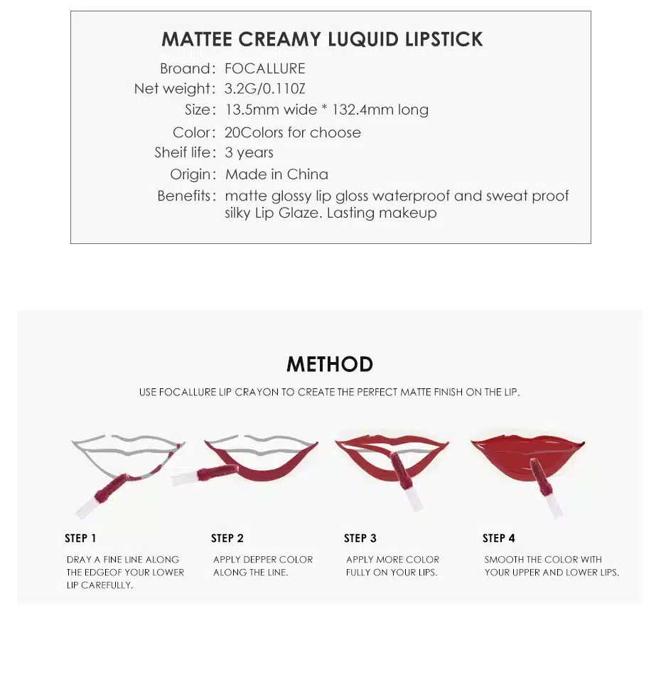 FOCALLURE Liquid Lipstick Makeup Matte Lip Tint Sexy Pigment Waterproof Batom Tint Nude Gloss Kiss-proof Lips Make up 7