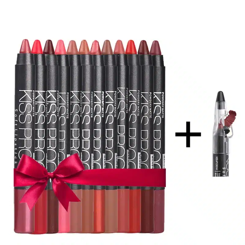 Menow 12 Color/Pack KISS PROOF Sexy Beauty Waterproof Lipstick Pen Lasting Do Not Fade Lipstick Gift 1Pcs Pencil Sharpener 4186 3