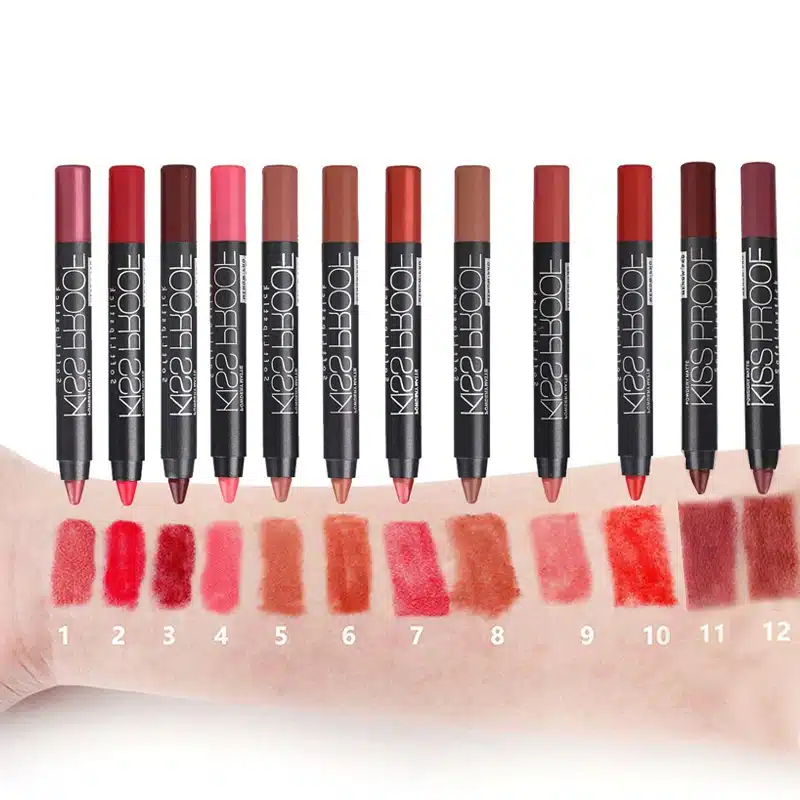 Menow 12 Color/Pack KISS PROOF Sexy Beauty Waterproof Lipstick Pen Lasting Do Not Fade Lipstick Gift 1Pcs Pencil Sharpener 4186 4