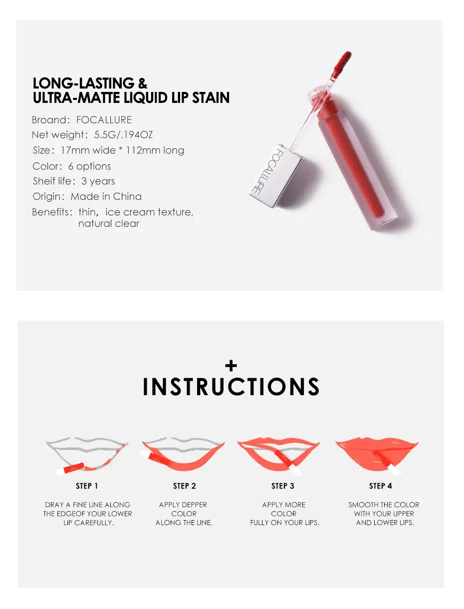 FOCALLURE New Long-lasting & Ultra-matte Liquid Lip Stain High Quality Waterproof Lipstick Quick-drying Transfer-free 7