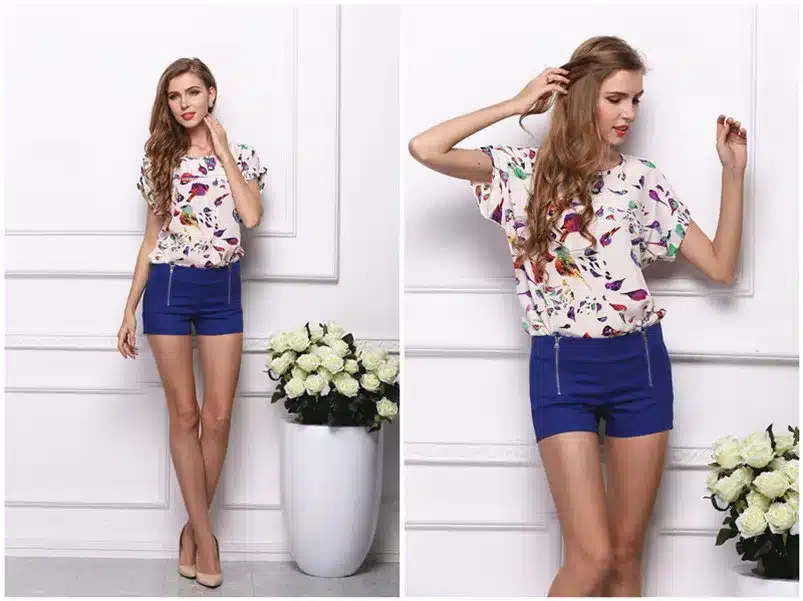 Summer Chiffon Blouse Women Sunflower Birds Print Blouse Stripe Plaid Shirt Cross Love Blouse Short Sleeve Blue Lipstick Shirts 2