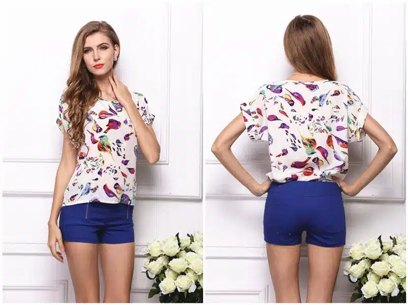 Summer Chiffon Blouse Women Sunflower Birds Print Blouse Stripe Plaid Shirt Cross Love Blouse Short Sleeve Blue Lipstick Shirts 3