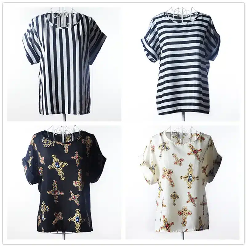 Summer Chiffon Blouse Women Sunflower Birds Print Blouse Stripe Plaid Shirt Cross Love Blouse Short Sleeve Blue Lipstick Shirts 4