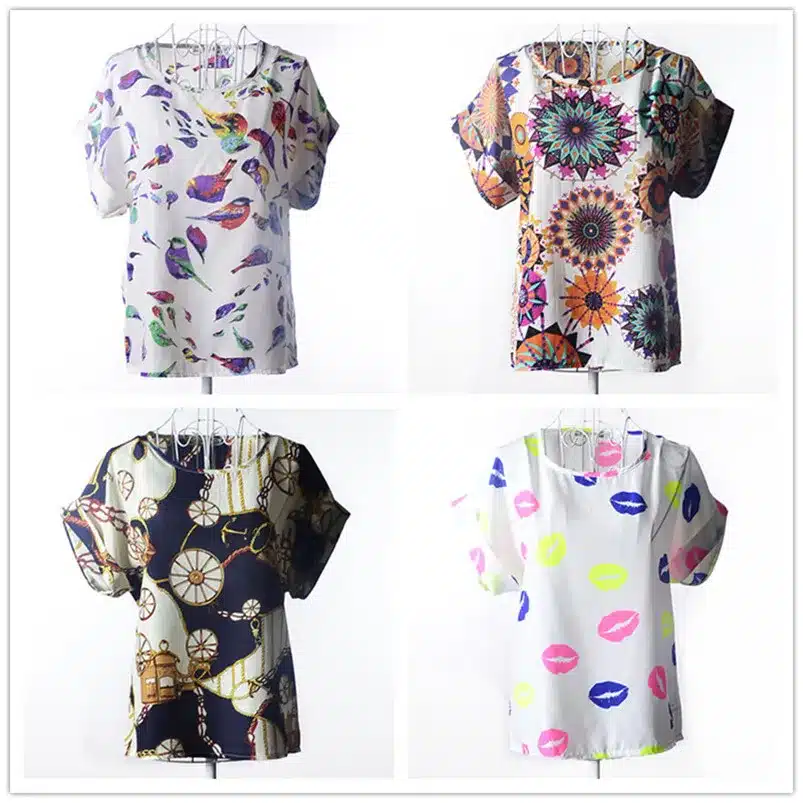 Summer Chiffon Blouse Women Sunflower Birds Print Blouse Stripe Plaid Shirt Cross Love Blouse Short Sleeve Blue Lipstick Shirts 5