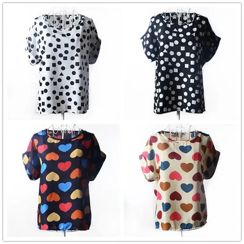 Summer Chiffon Blouse Women Sunflower Birds Print Blouse Stripe Plaid Shirt Cross Love Blouse Short Sleeve Blue Lipstick Shirts 7