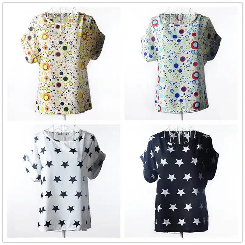 Summer Chiffon Blouse Women Sunflower Birds Print Blouse Stripe Plaid Shirt Cross Love Blouse Short Sleeve Blue Lipstick Shirts 8