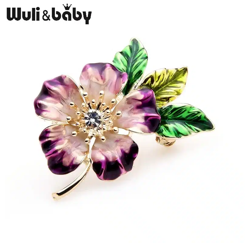 Wuli&baby Enamel Sparkling Flowers Wedding Brooches For Women Alloy Purple Flower Green Leaves Pins Christmas Gifts 9
