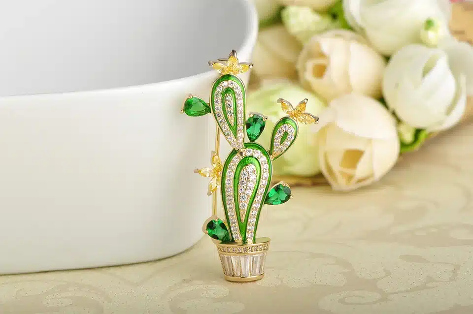 Funmor Cactus Shape Plant Flower Brooches For Women Men Cubic Zircon Wedding Party Jewelry Hijab Pins Clothes Suit Accessories 3
