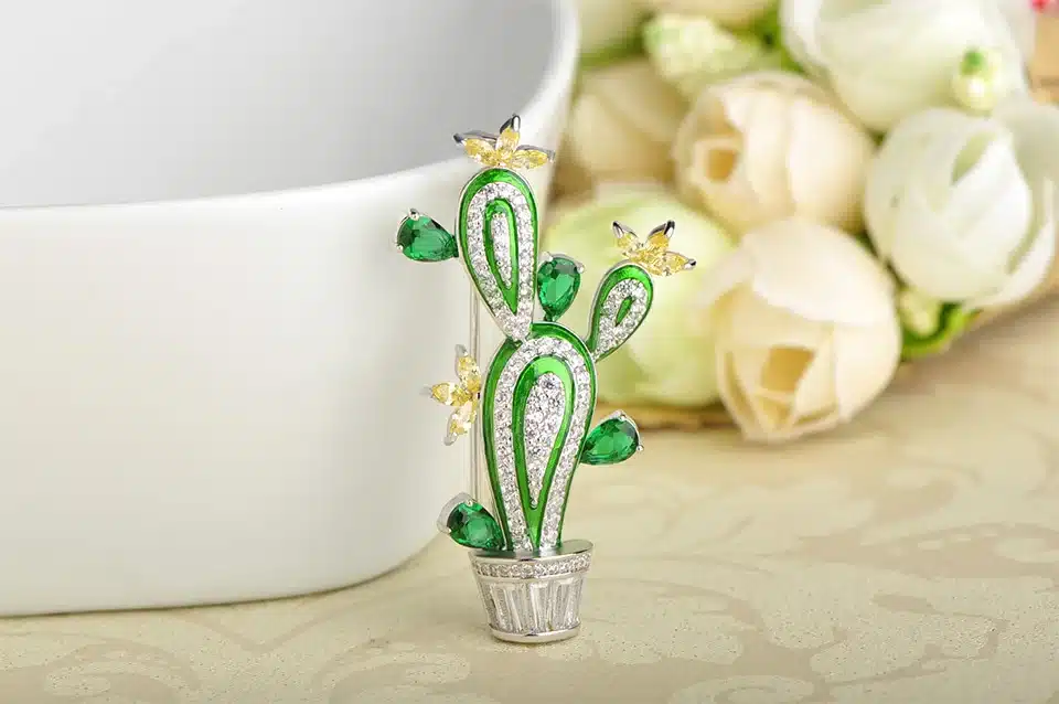 Funmor Cactus Shape Plant Flower Brooches For Women Men Cubic Zircon Wedding Party Jewelry Hijab Pins Clothes Suit Accessories 4
