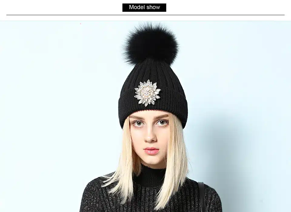 Ralferty Women's Real Fox Pompom Hat Knitted Rabbit Skullies Winter Hats For Women Big Flower Crystal Beanies Black Cap bonnet 1