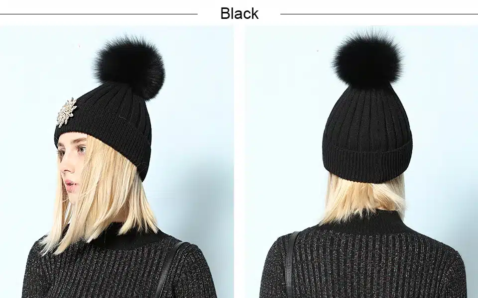 Ralferty Women's Real Fox Pompom Hat Knitted Rabbit Skullies Winter Hats For Women Big Flower Crystal Beanies Black Cap bonnet 2