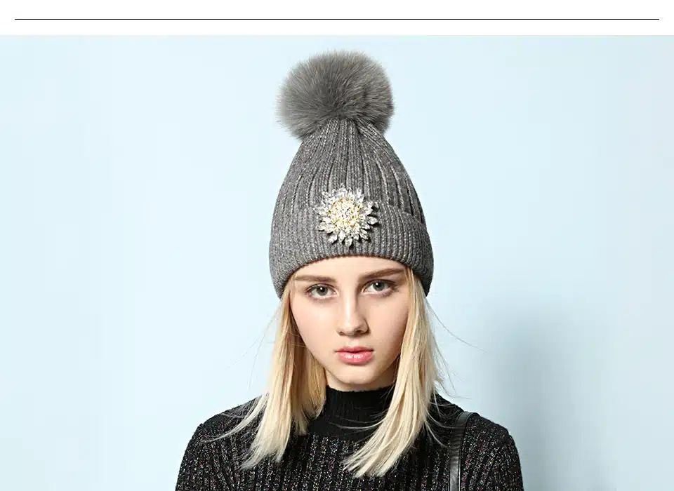 Ralferty Women's Real Fox Pompom Hat Knitted Rabbit Skullies Winter Hats For Women Big Flower Crystal Beanies Black Cap bonnet 3
