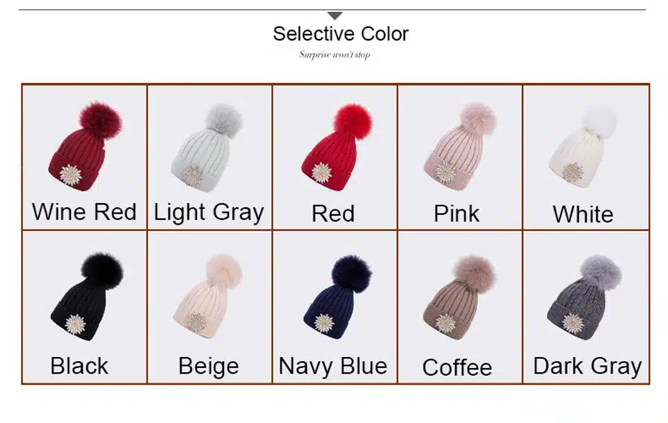 Ralferty Women's Real Fox Pompom Hat Knitted Rabbit Skullies Winter Hats For Women Big Flower Crystal Beanies Black Cap bonnet 7