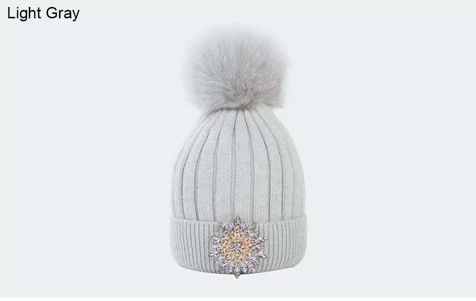 Ralferty Women's Real Fox Pompom Hat Knitted Rabbit Skullies Winter Hats For Women Big Flower Crystal Beanies Black Cap bonnet 10