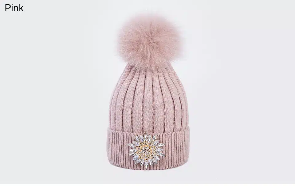 Ralferty Women's Real Fox Pompom Hat Knitted Rabbit Skullies Winter Hats For Women Big Flower Crystal Beanies Black Cap bonnet 12