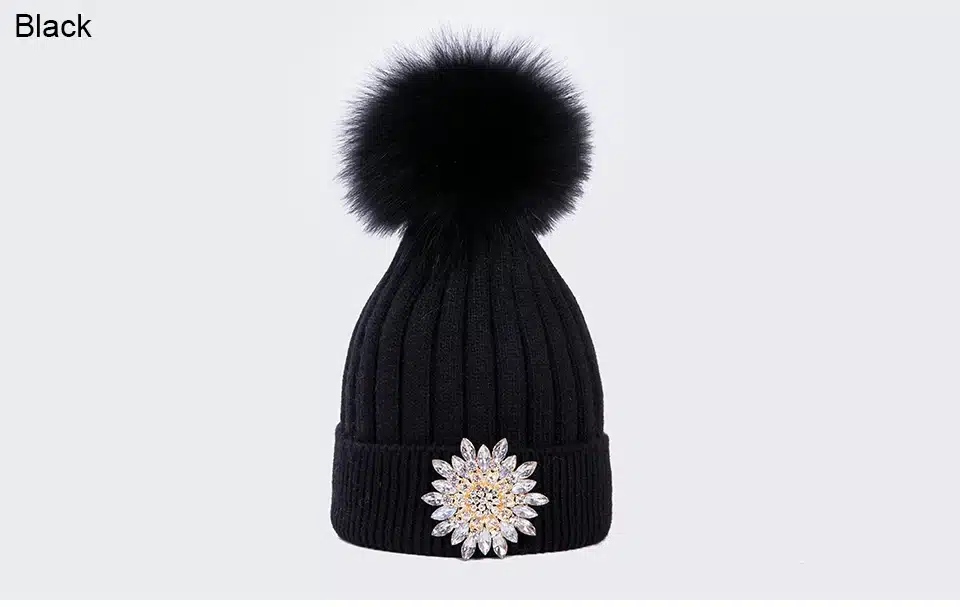 Ralferty Women's Real Fox Pompom Hat Knitted Rabbit Skullies Winter Hats For Women Big Flower Crystal Beanies Black Cap bonnet 14