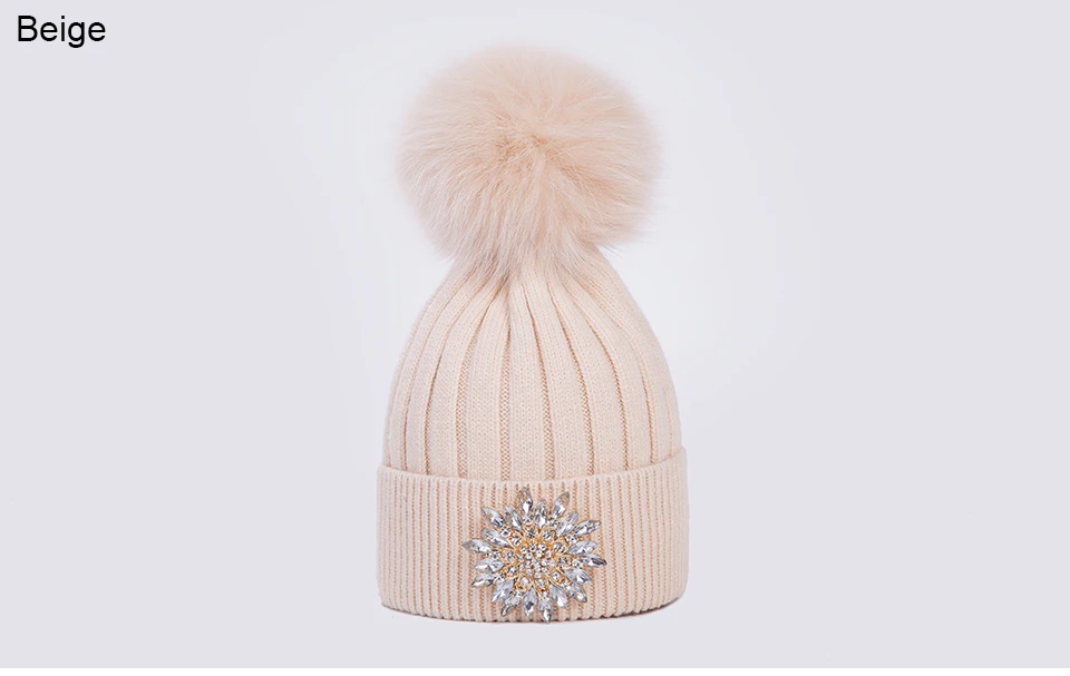 Ralferty Women's Real Fox Pompom Hat Knitted Rabbit Skullies Winter Hats For Women Big Flower Crystal Beanies Black Cap bonnet 15