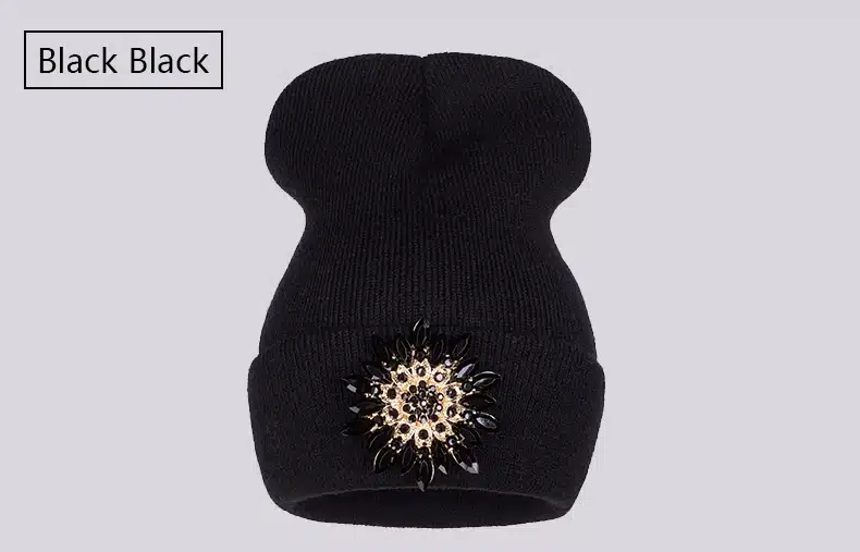 Ralferty 2018 Winter Hats For Women Knitted Luxury Flower Crystal Beanies Hat Female Skullies Caps Black Streetwear Gorras Gorro 6