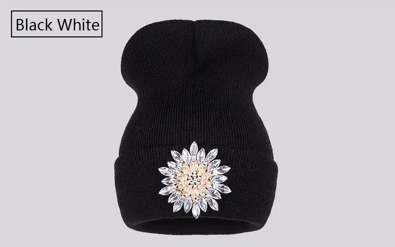 Ralferty 2018 Winter Hats For Women Knitted Luxury Flower Crystal Beanies Hat Female Skullies Caps Black Streetwear Gorras Gorro 7