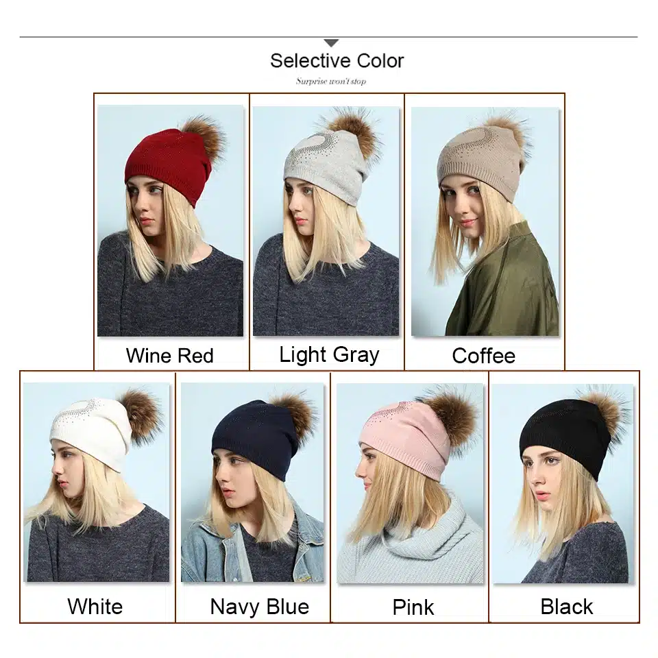 Ralferty 2018 New Real Fur Pompom Hats For Women Heart Pom Pom Beanies Thick Warm Wool Knitted Hat Women's Baggy Caps Bonnet 1