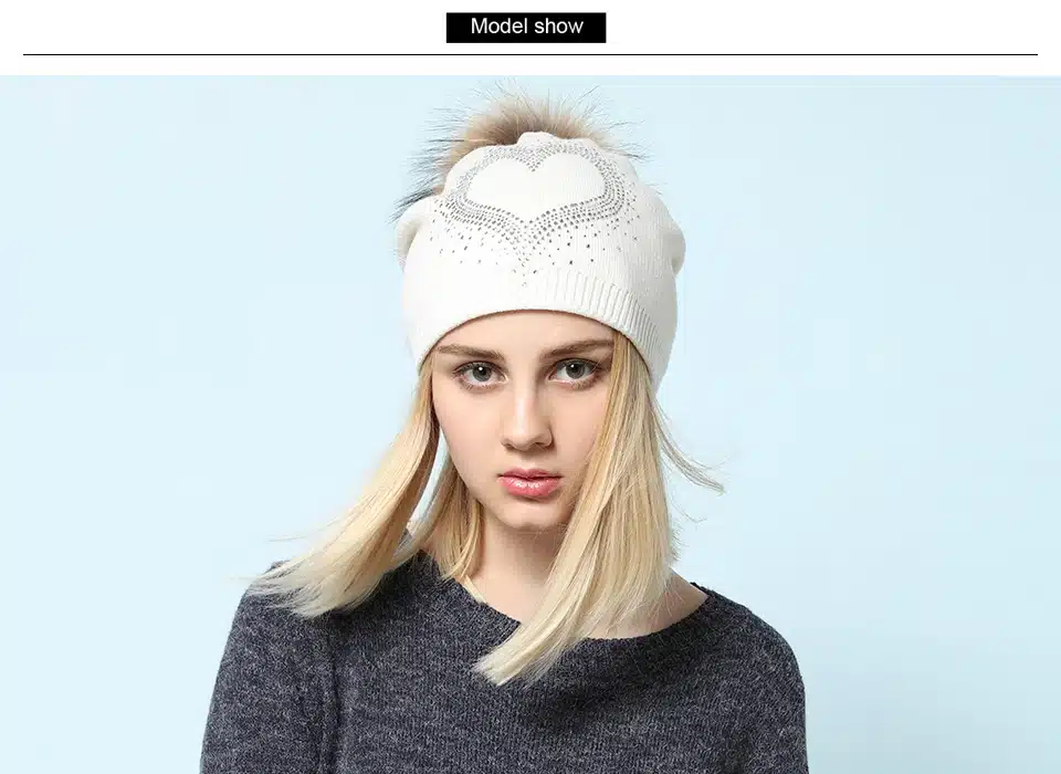 Ralferty 2018 New Real Fur Pompom Hats For Women Heart Pom Pom Beanies Thick Warm Wool Knitted Hat Women's Baggy Caps Bonnet 2