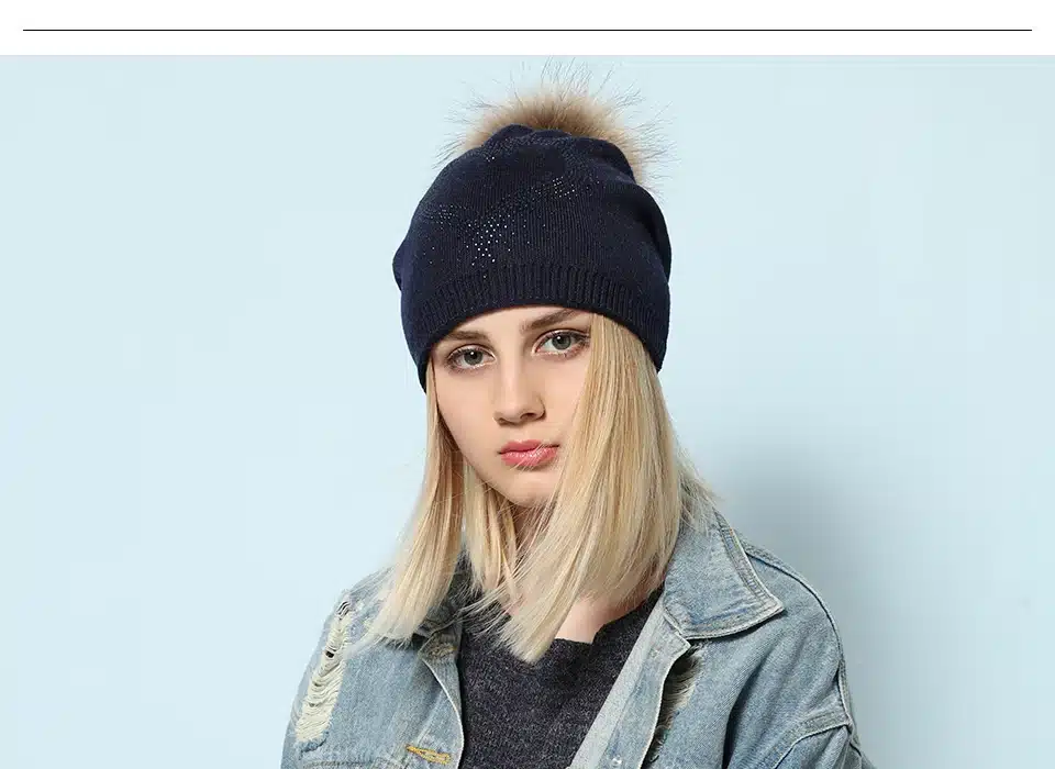 Ralferty 2018 New Real Fur Pompom Hats For Women Heart Pom Pom Beanies Thick Warm Wool Knitted Hat Women's Baggy Caps Bonnet 4