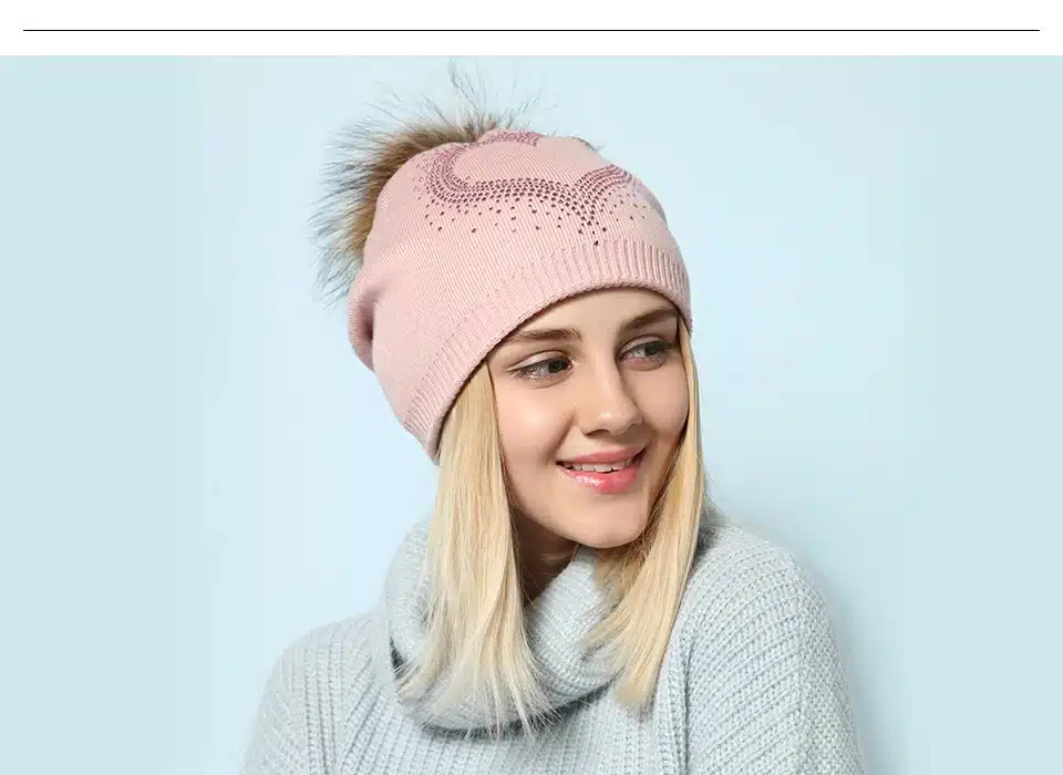Ralferty 2018 New Real Fur Pompom Hats For Women Heart Pom Pom Beanies Thick Warm Wool Knitted Hat Women's Baggy Caps Bonnet 6