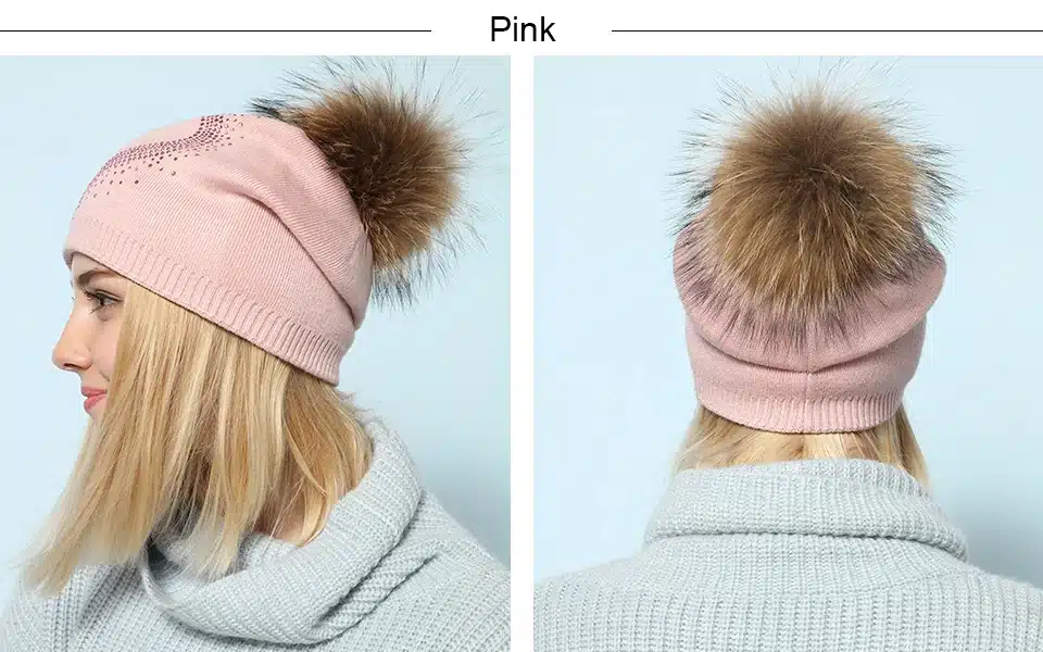 Ralferty 2018 New Real Fur Pompom Hats For Women Heart Pom Pom Beanies Thick Warm Wool Knitted Hat Women's Baggy Caps Bonnet 7