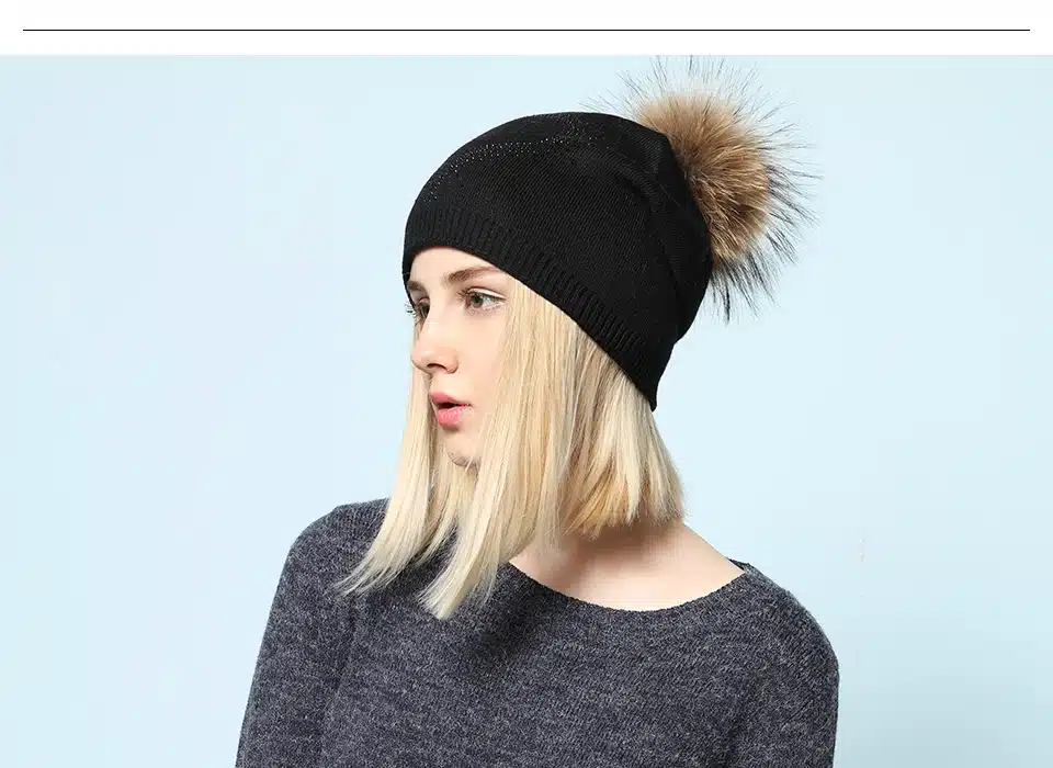 Ralferty 2018 New Real Fur Pompom Hats For Women Heart Pom Pom Beanies Thick Warm Wool Knitted Hat Women's Baggy Caps Bonnet 8