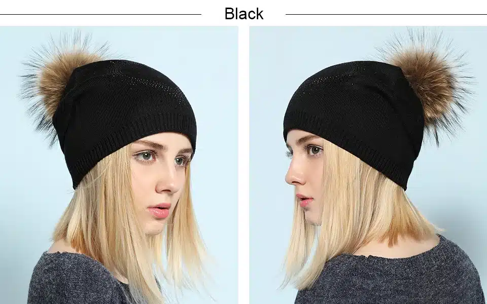 Ralferty 2018 New Real Fur Pompom Hats For Women Heart Pom Pom Beanies Thick Warm Wool Knitted Hat Women's Baggy Caps Bonnet 9