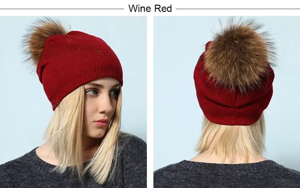 Ralferty 2018 New Real Fur Pompom Hats For Women Heart Pom Pom Beanies Thick Warm Wool Knitted Hat Women's Baggy Caps Bonnet 11