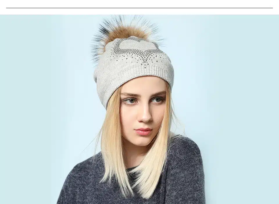 Ralferty 2018 New Real Fur Pompom Hats For Women Heart Pom Pom Beanies Thick Warm Wool Knitted Hat Women's Baggy Caps Bonnet 12