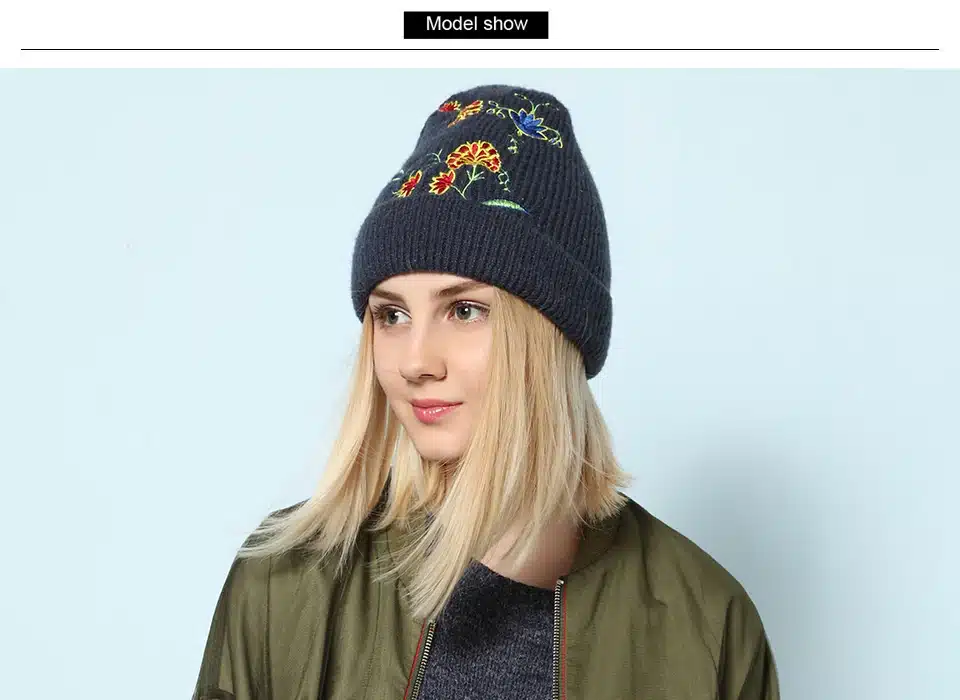 Ralferty Stylish Women Winter Hat Cap Knitted Hats For Women Casual Embroidery Skullies Beanies Female Floral Bonnet Bonet 2017 1