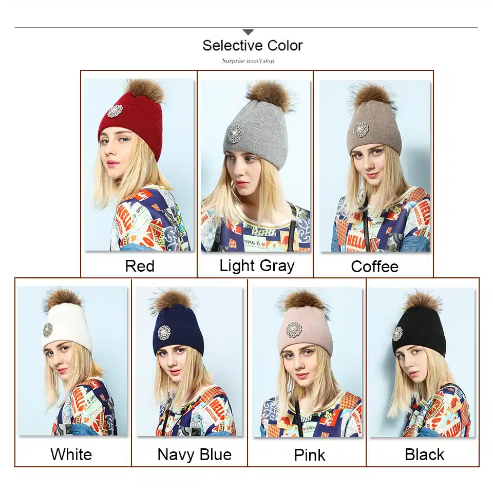 Ralferty 2018 New Flower Rabbit Beanies Warm Winter Hats For Women Real Raccoon Fur Pom Pom Hat Knitted Skullies Pompon Cap Pink 1