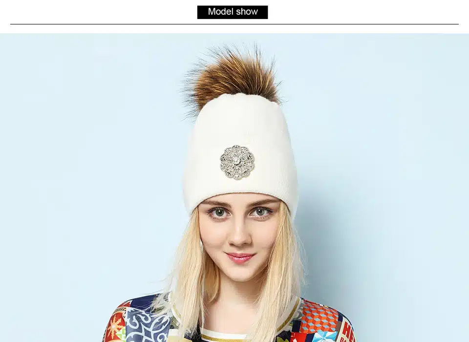Ralferty 2018 New Flower Rabbit Beanies Warm Winter Hats For Women Real Raccoon Fur Pom Pom Hat Knitted Skullies Pompon Cap Pink 2