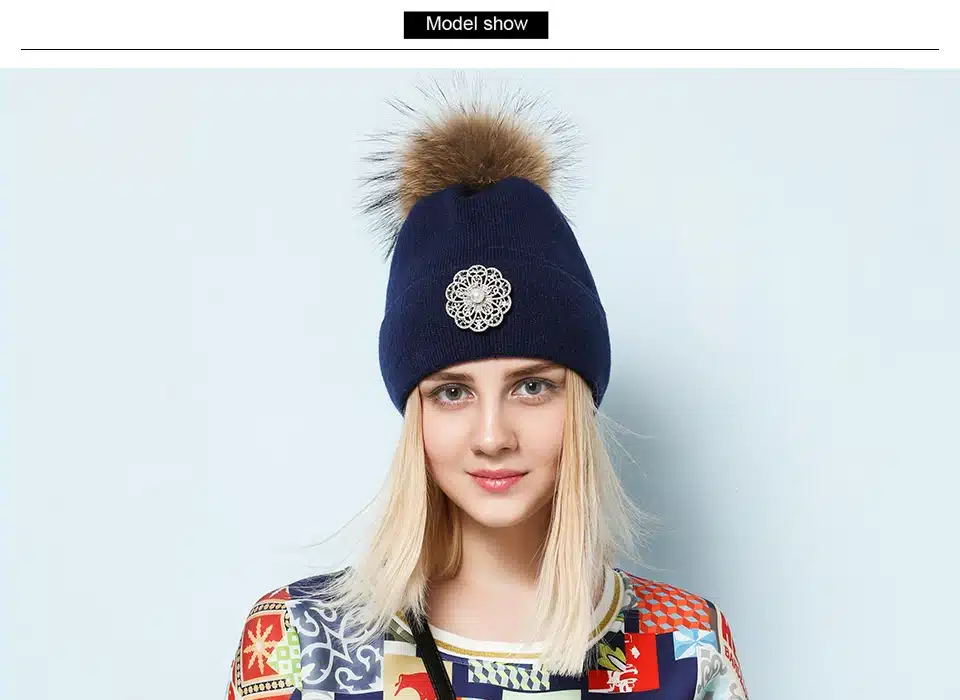 Ralferty 2018 New Flower Rabbit Beanies Warm Winter Hats For Women Real Raccoon Fur Pom Pom Hat Knitted Skullies Pompon Cap Pink 4