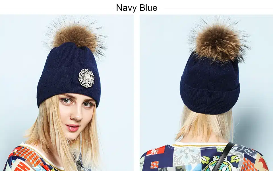 Ralferty 2018 New Flower Rabbit Beanies Warm Winter Hats For Women Real Raccoon Fur Pom Pom Hat Knitted Skullies Pompon Cap Pink 5
