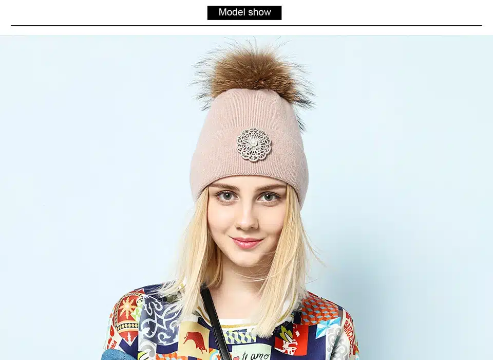 Ralferty 2018 New Flower Rabbit Beanies Warm Winter Hats For Women Real Raccoon Fur Pom Pom Hat Knitted Skullies Pompon Cap Pink 6