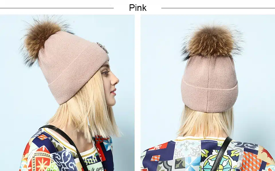 Ralferty 2018 New Flower Rabbit Beanies Warm Winter Hats For Women Real Raccoon Fur Pom Pom Hat Knitted Skullies Pompon Cap Pink 7