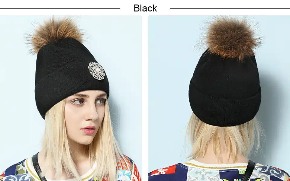Ralferty 2018 New Flower Rabbit Beanies Warm Winter Hats For Women Real Raccoon Fur Pom Pom Hat Knitted Skullies Pompon Cap Pink 9