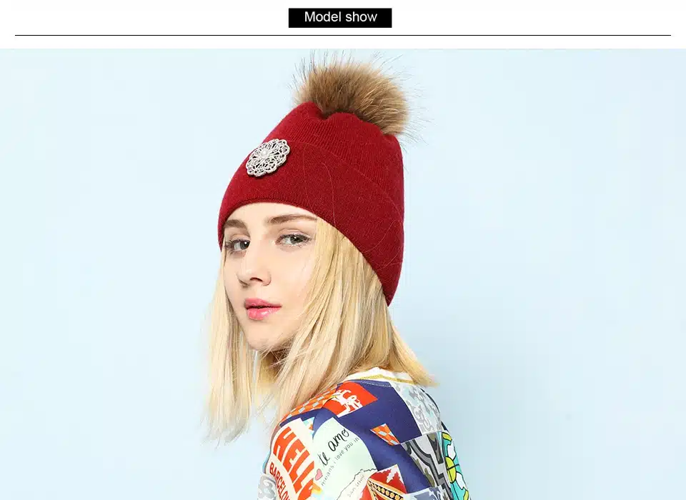 Ralferty 2018 New Flower Rabbit Beanies Warm Winter Hats For Women Real Raccoon Fur Pom Pom Hat Knitted Skullies Pompon Cap Pink 10