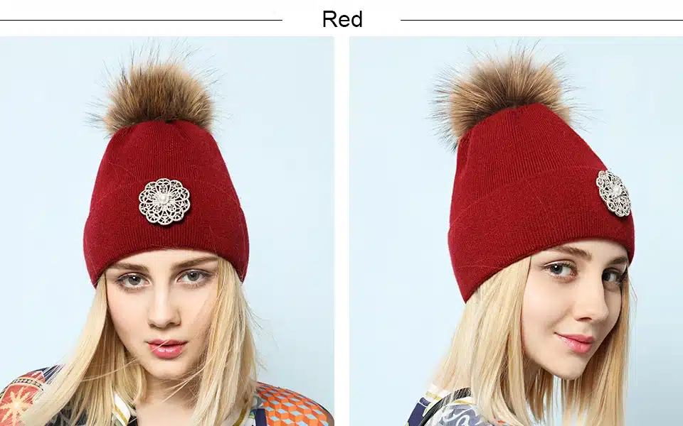 Ralferty 2018 New Flower Rabbit Beanies Warm Winter Hats For Women Real Raccoon Fur Pom Pom Hat Knitted Skullies Pompon Cap Pink 11