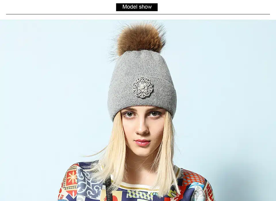 Ralferty 2018 New Flower Rabbit Beanies Warm Winter Hats For Women Real Raccoon Fur Pom Pom Hat Knitted Skullies Pompon Cap Pink 12