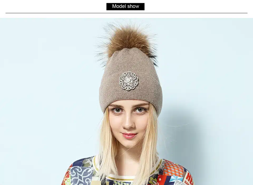 Ralferty 2018 New Flower Rabbit Beanies Warm Winter Hats For Women Real Raccoon Fur Pom Pom Hat Knitted Skullies Pompon Cap Pink 14