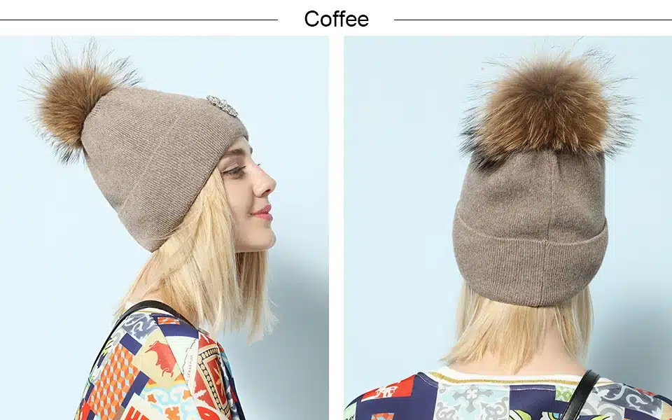 Ralferty 2018 New Flower Rabbit Beanies Warm Winter Hats For Women Real Raccoon Fur Pom Pom Hat Knitted Skullies Pompon Cap Pink 15