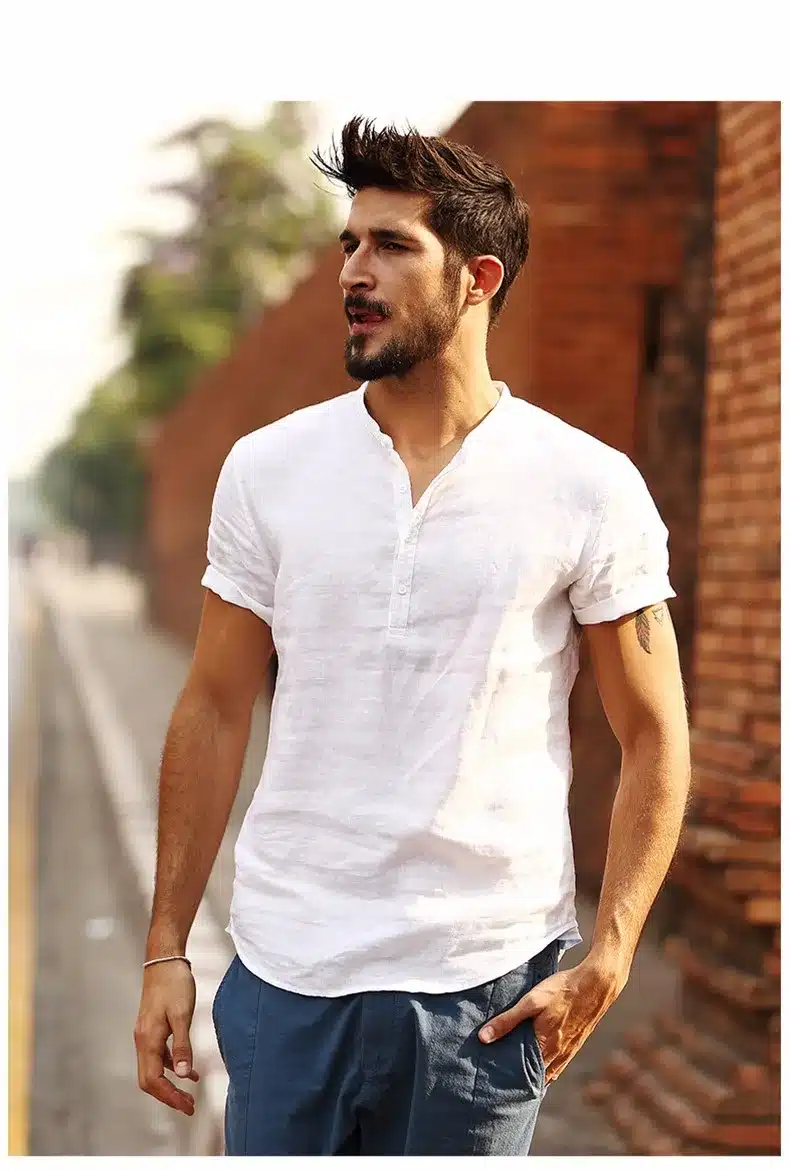 Simwood 2019 New Arrival Summer Short-sleeved Shirts Men 100% Linen White Solid Color Slim Fit Plus Size Collarless Tops CS1534 18