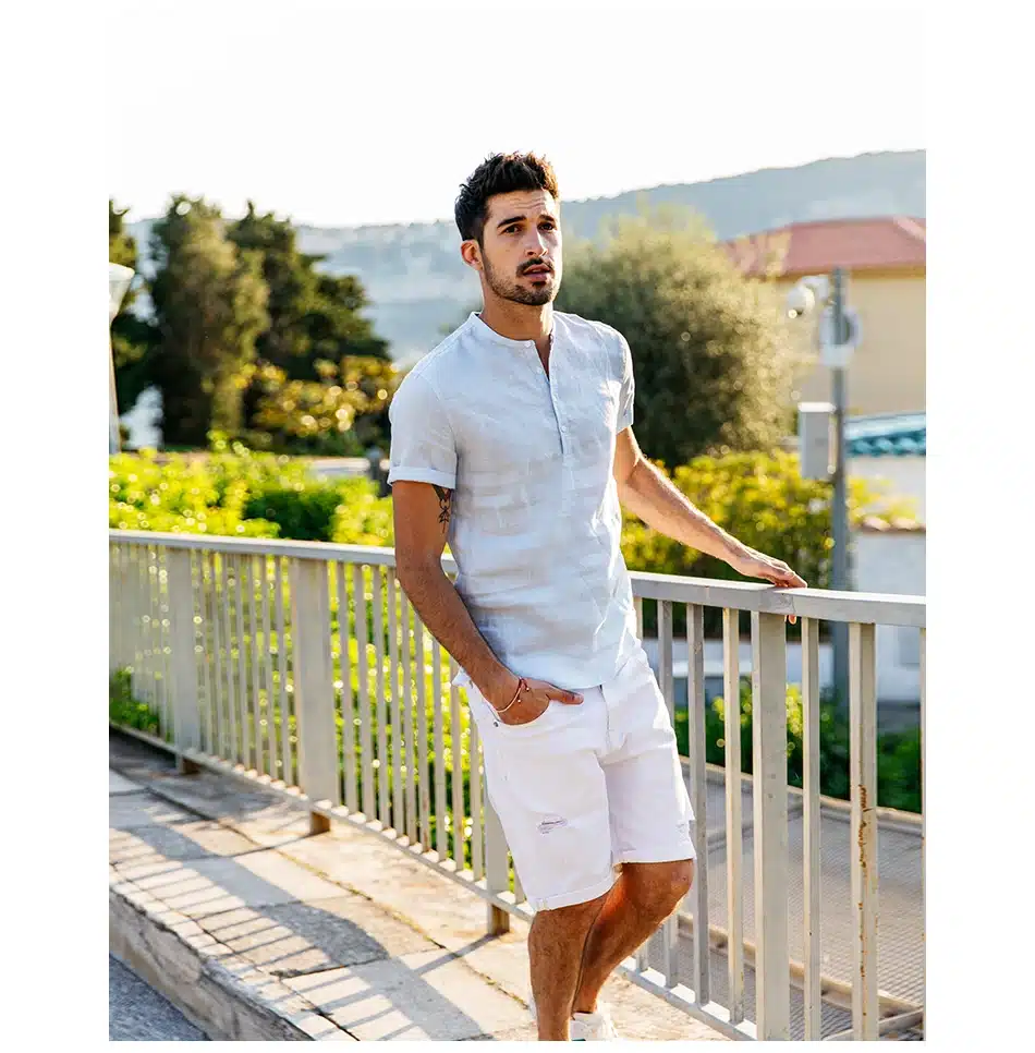 Simwood 2019 New Arrival Summer Short-sleeved Shirts Men 100% Linen White Solid Color Slim Fit Plus Size Collarless Tops CS1534 26