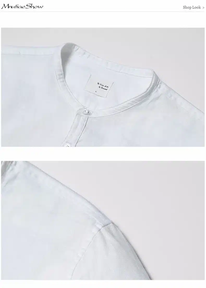 Simwood 2019 New Arrival Summer Short-sleeved Shirts Men 100% Linen White Solid Color Slim Fit Plus Size Collarless Tops CS1534 31